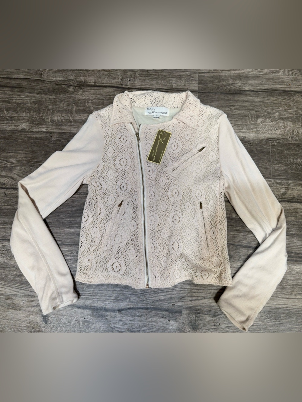 Vintage Havana Blush Lace Zip-Up Jacket Crochet Floral Size M Boho Chic - Picture 3 of 12